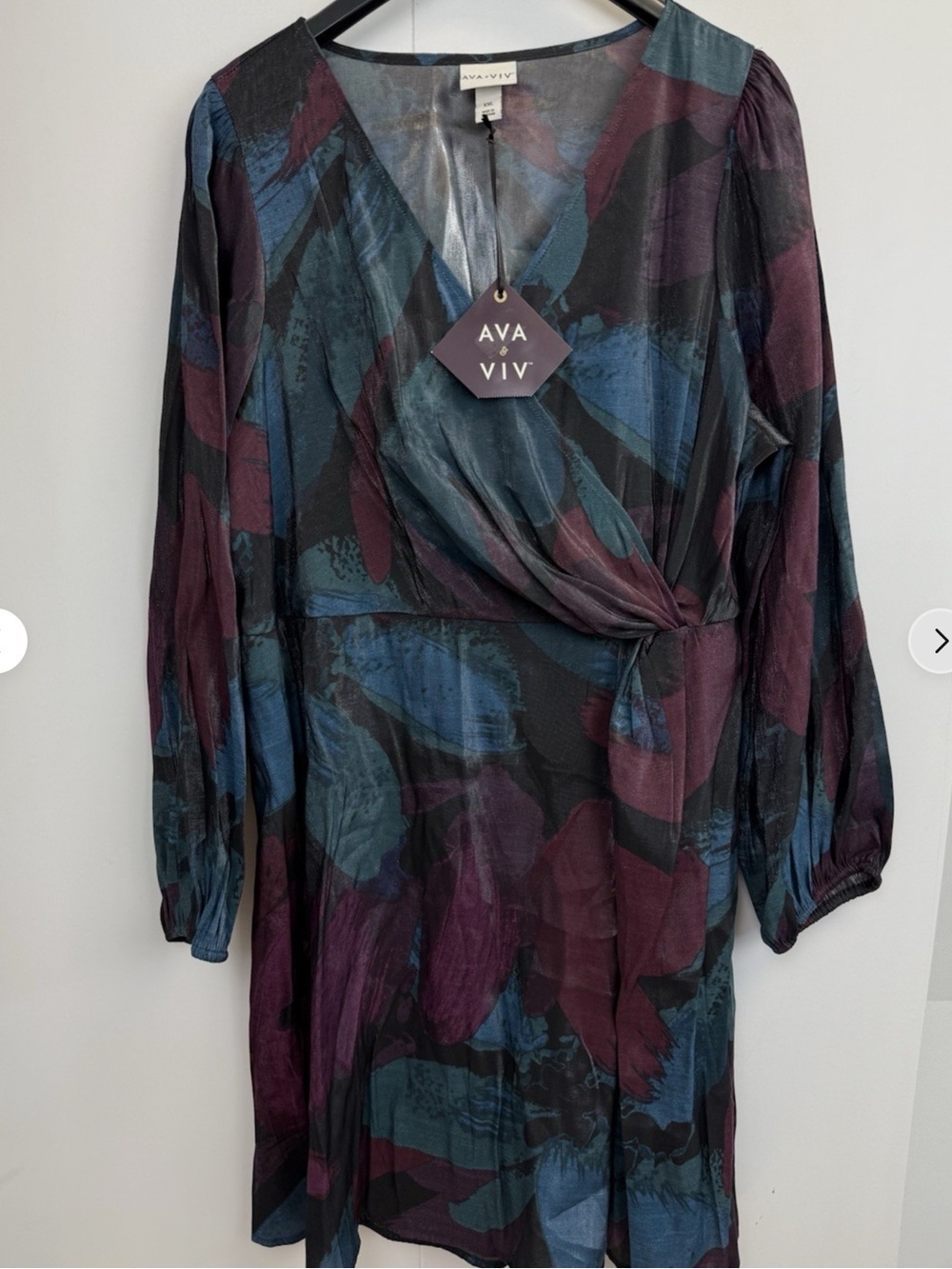 NEW Ava & Viv Balloon Long Sleeve Midi Faux Wrap Dress Pockets - Picture 4 of 7